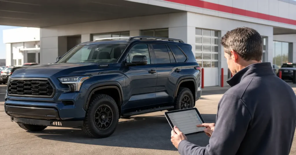 Large three-row SUV buyer checking 2027 Toyota Sequoia Trailhunter details at a dealership