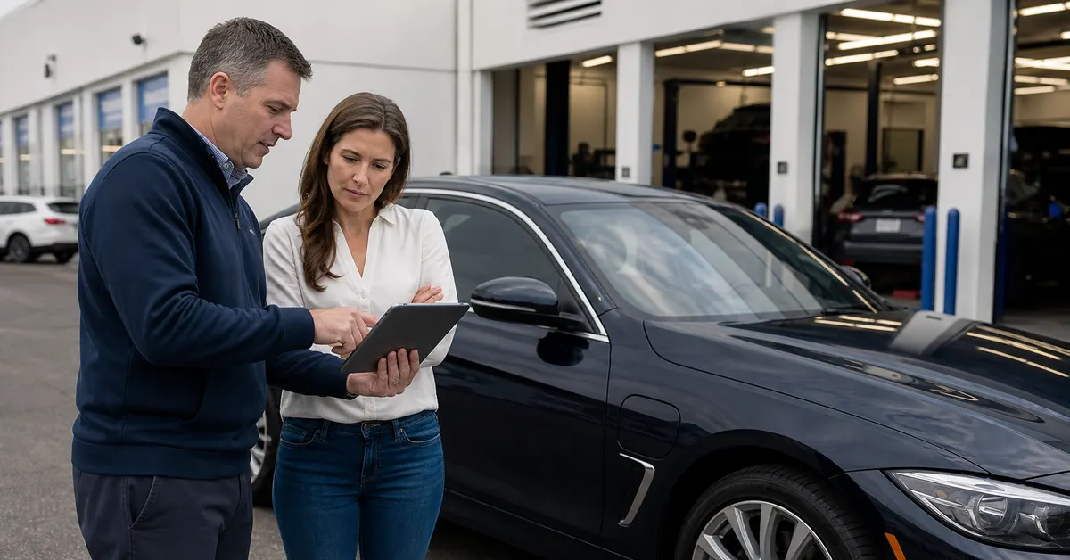 BMW plug-in hybrid recall owner checking fire risk repair instructions outdoors at a service center