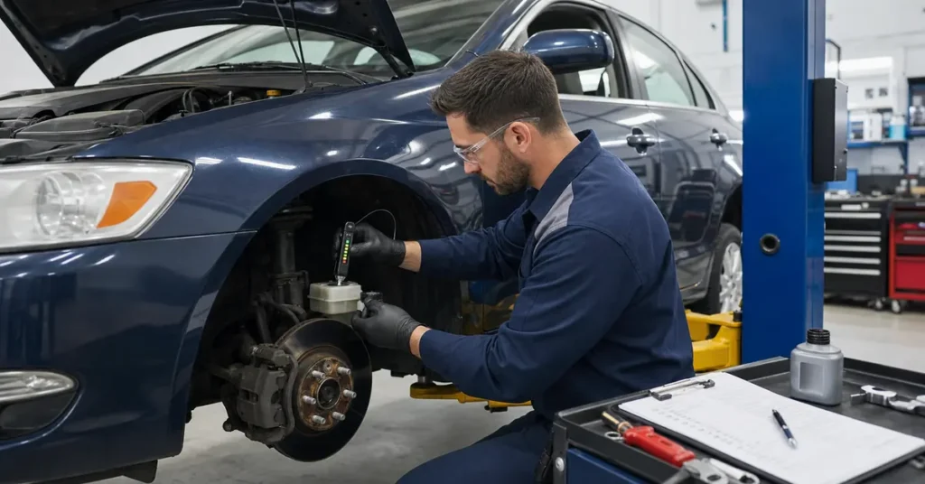 Mechanic testing brake fluid during used car brake service