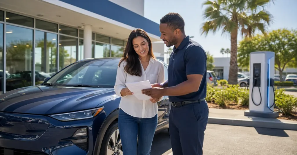 California MyFirstEV rebate news scene with a first-time EV buyer reviewing purchase paperwork