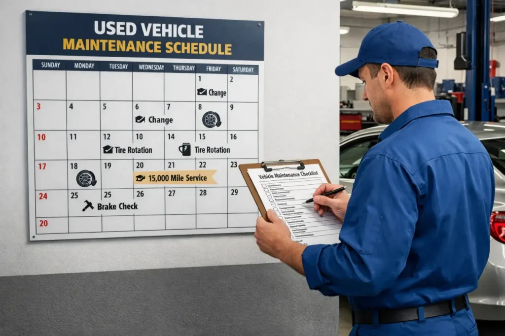 used car maintenance guide checklist for U.S. drivers in a repair garage