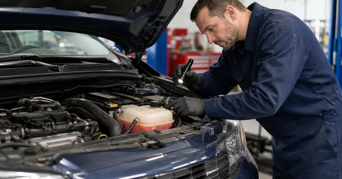 Mechanic inspecting coolant reservoir and hoses on a used car