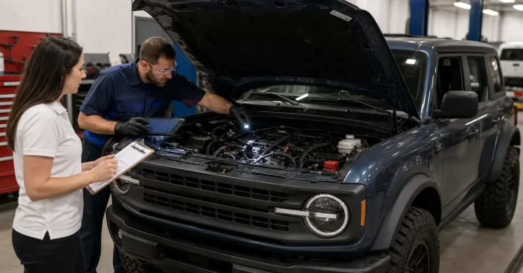 Ford Bronco recall engine wiring inspection in a professional service bay