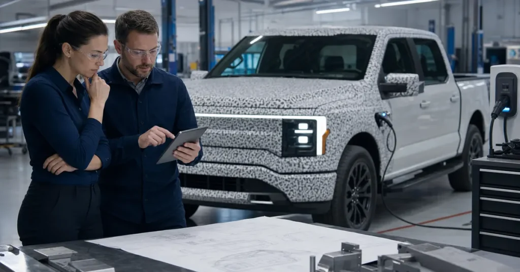 Ford EV truck project: engineers reviewing an affordable electric pickup prototype plan