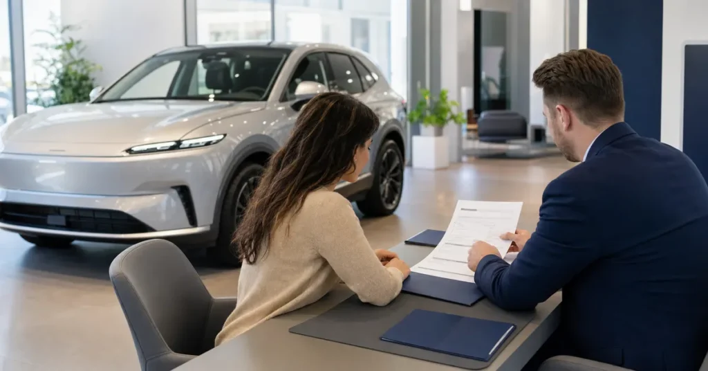 Honda Prologue discontinued news scene with a U.S. EV buyer reviewing electric SUV paperwork