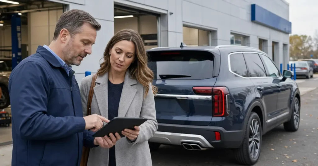 Kia Telluride recall: owner checking park outside fire risk instructions and VIN at a service lane