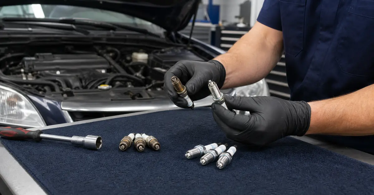 spark plug replacement used car service with mechanic comparing worn and new spark plugs