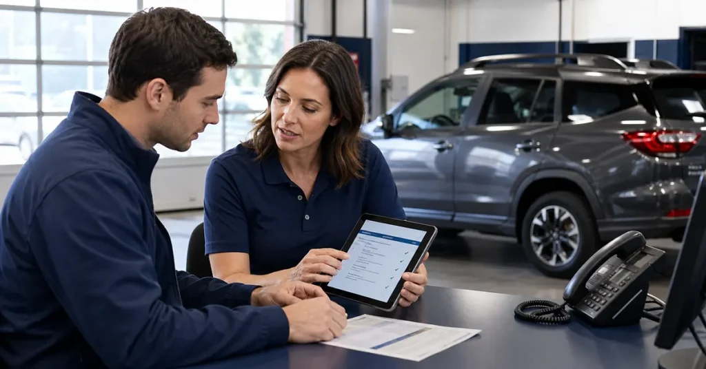 Subaru recall news: driver checking a VIN and weight label notice at a service desk