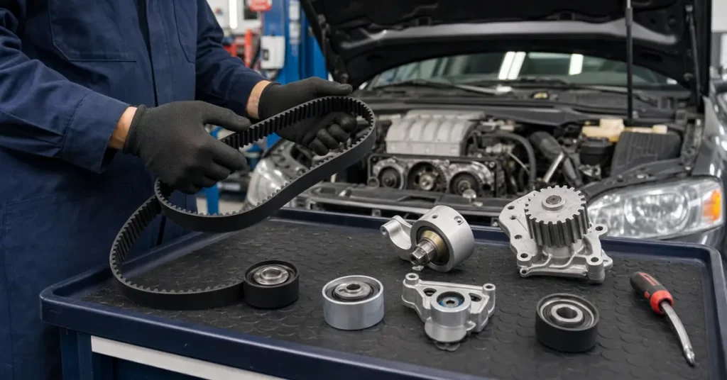 Mechanic inspecting timing belt kit before used car timing belt replacement