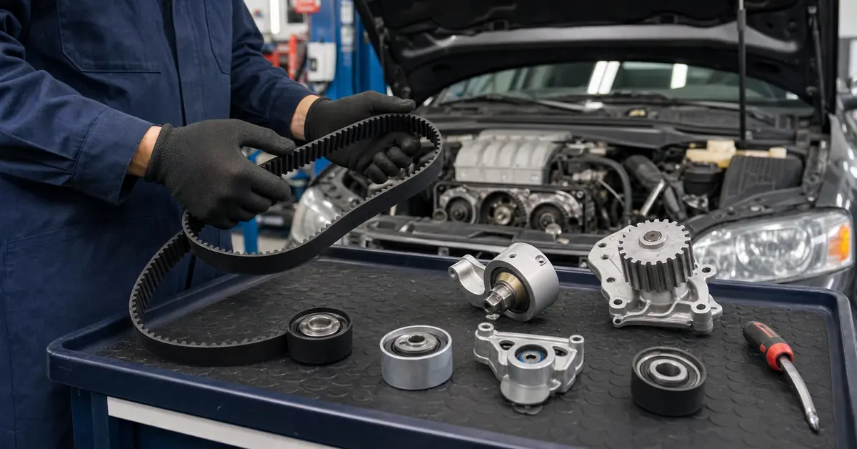Mechanic inspecting timing belt kit before used car timing belt replacement