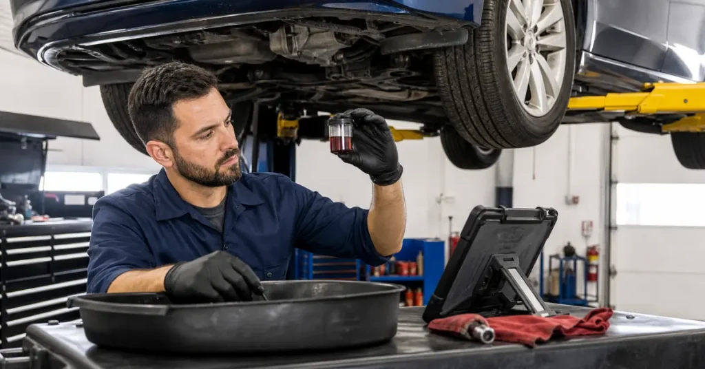 Mechanic checking transmission fluid condition on a used car in a repair bay