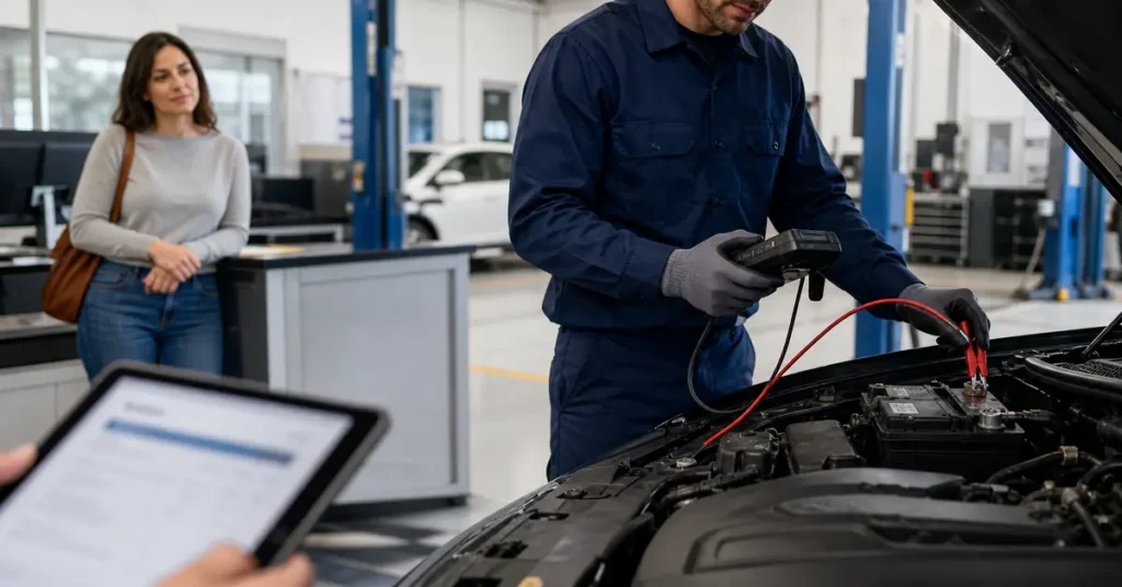Mechanic testing a used car battery before replacement cost estimate