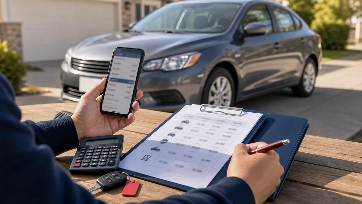 Used car insurance quote review with calculator and car key