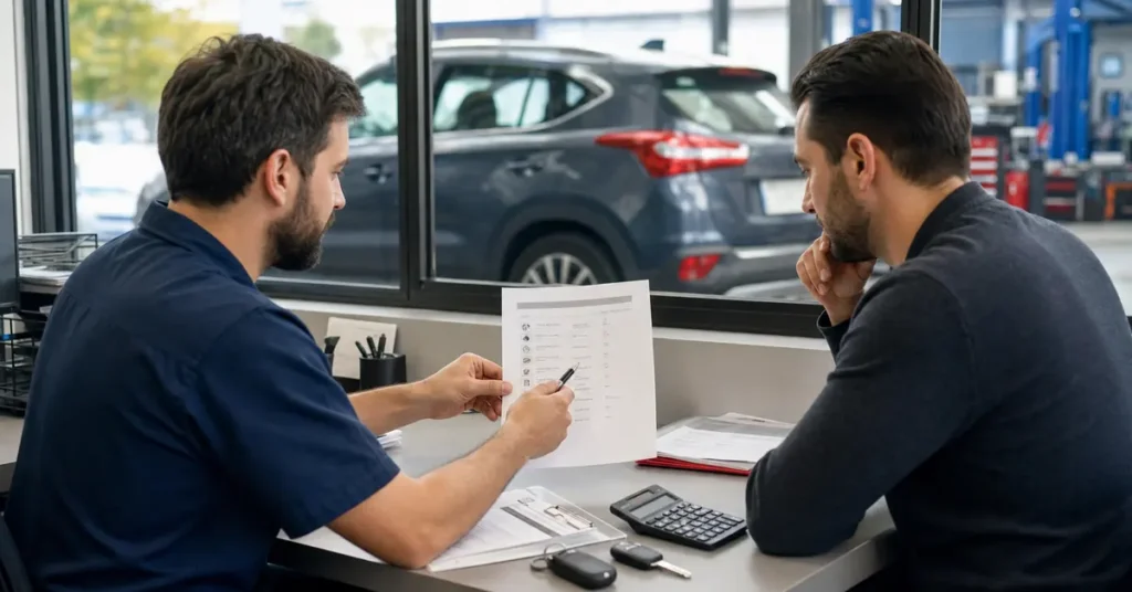 Mechanic reviewing used car maintenance cost checklist with a U.S. driver