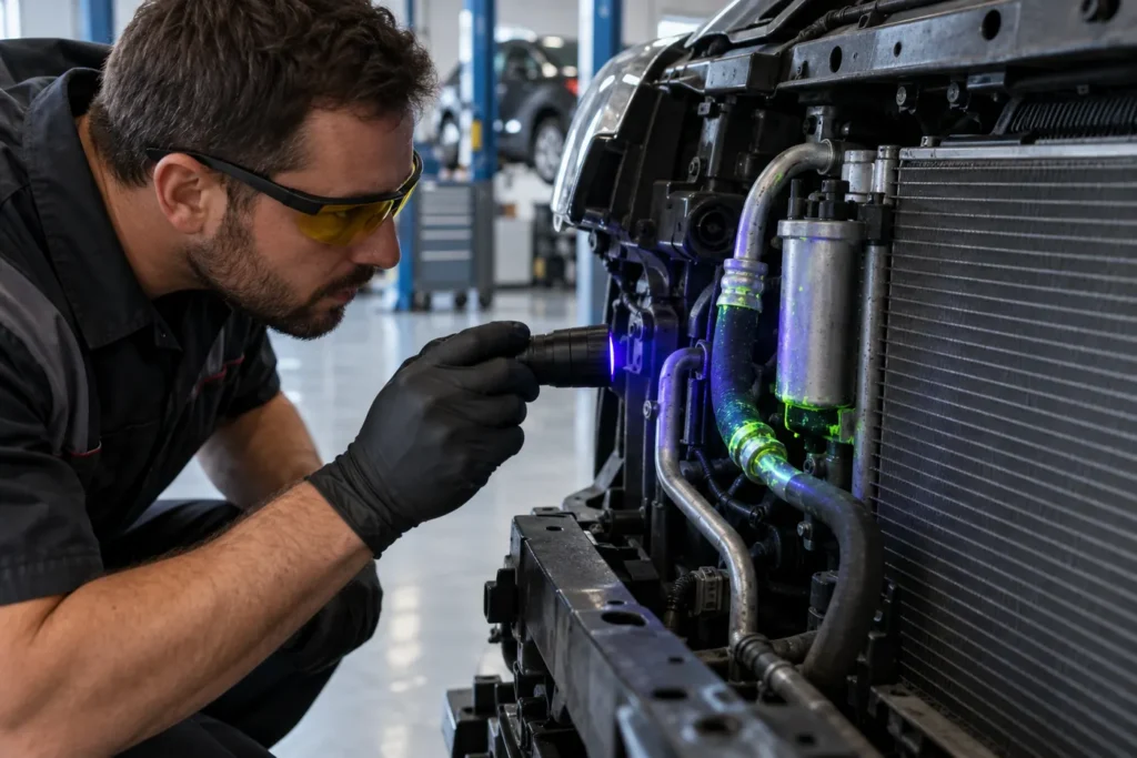 car AC refrigerant leak: Carvul automotive editorial image