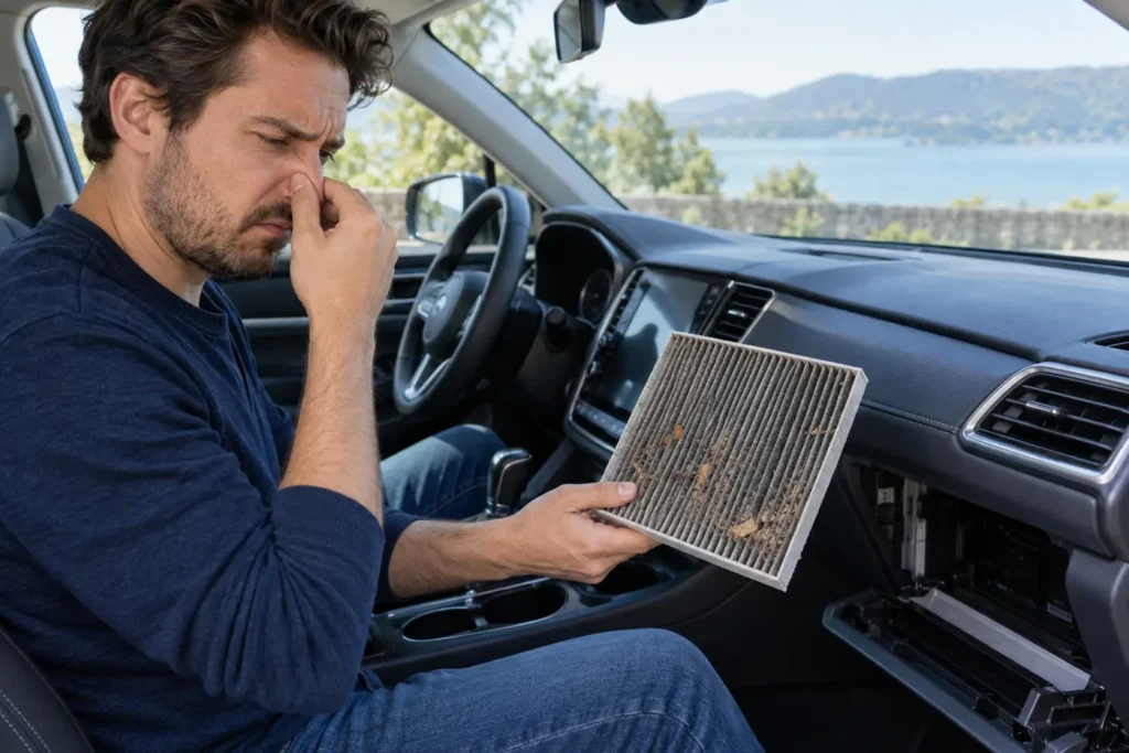 car AC smells musty: Carvul automotive editorial image