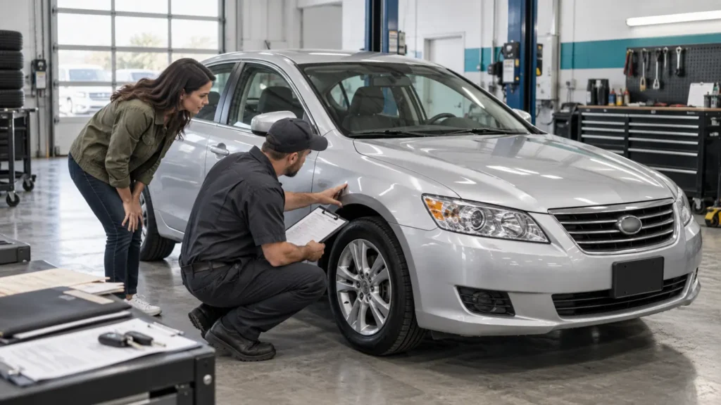 Buyer and mechanic inspecting a used car before buying a salvage title car
