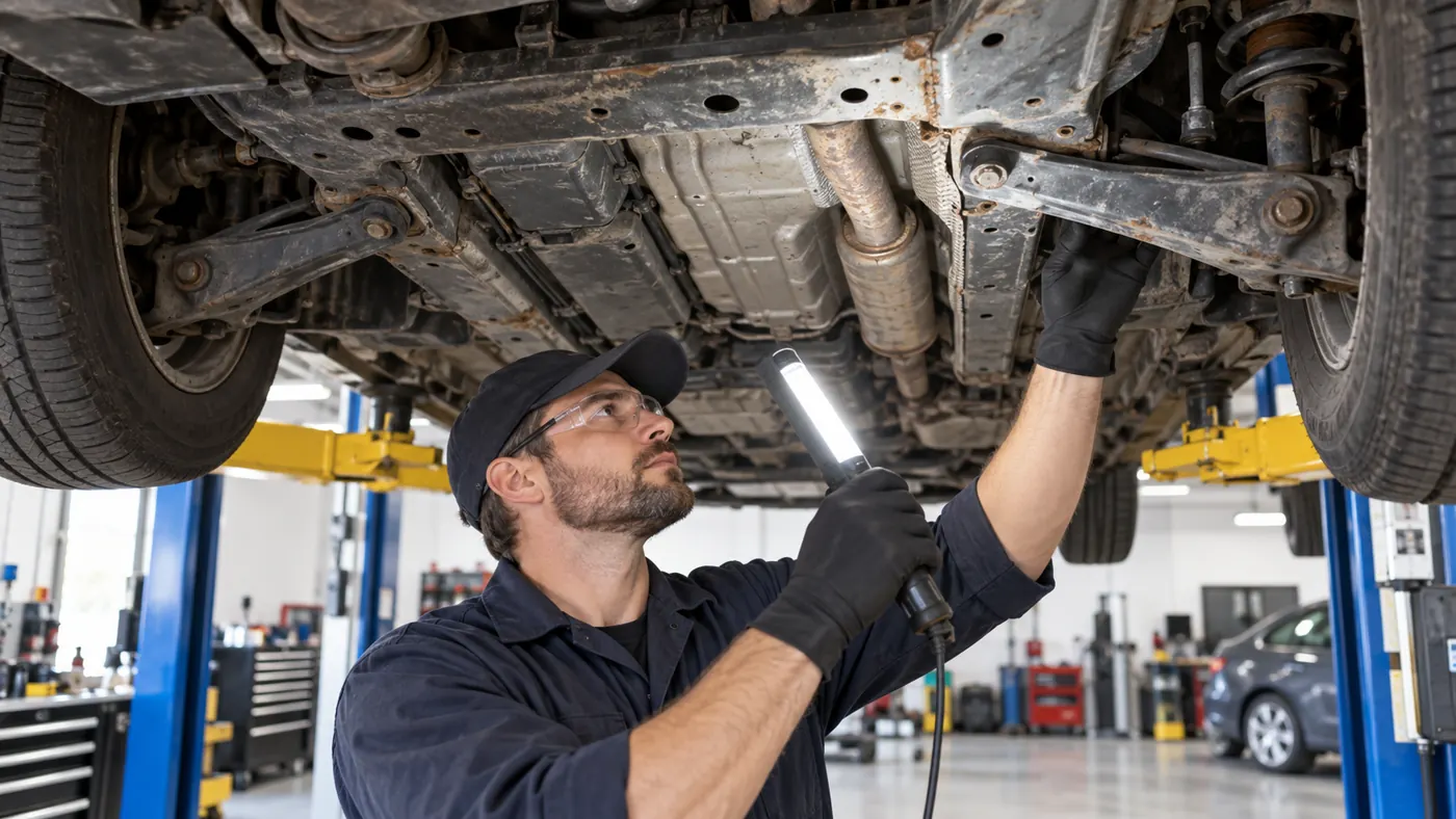 Independent mechanic inspecting a vehicle before buying a salvage title car