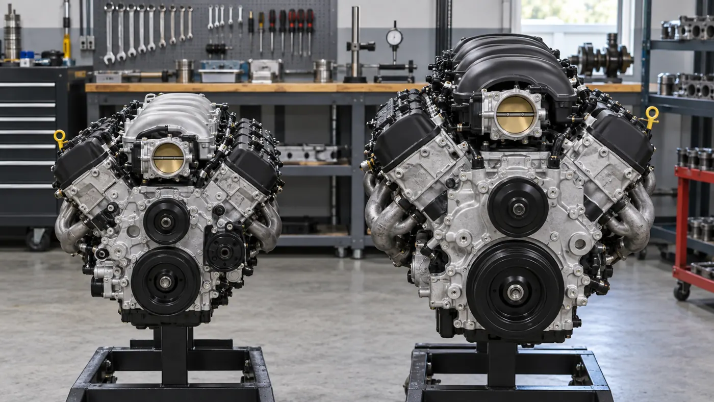 Illustration of two naturally aspirated V8 truck engines in a workshop