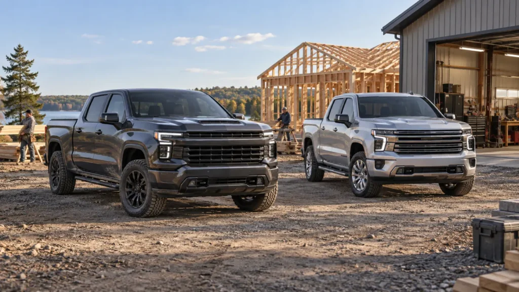 Illustration of full-size pickup trucks for 2027 Silverado V8 engines news