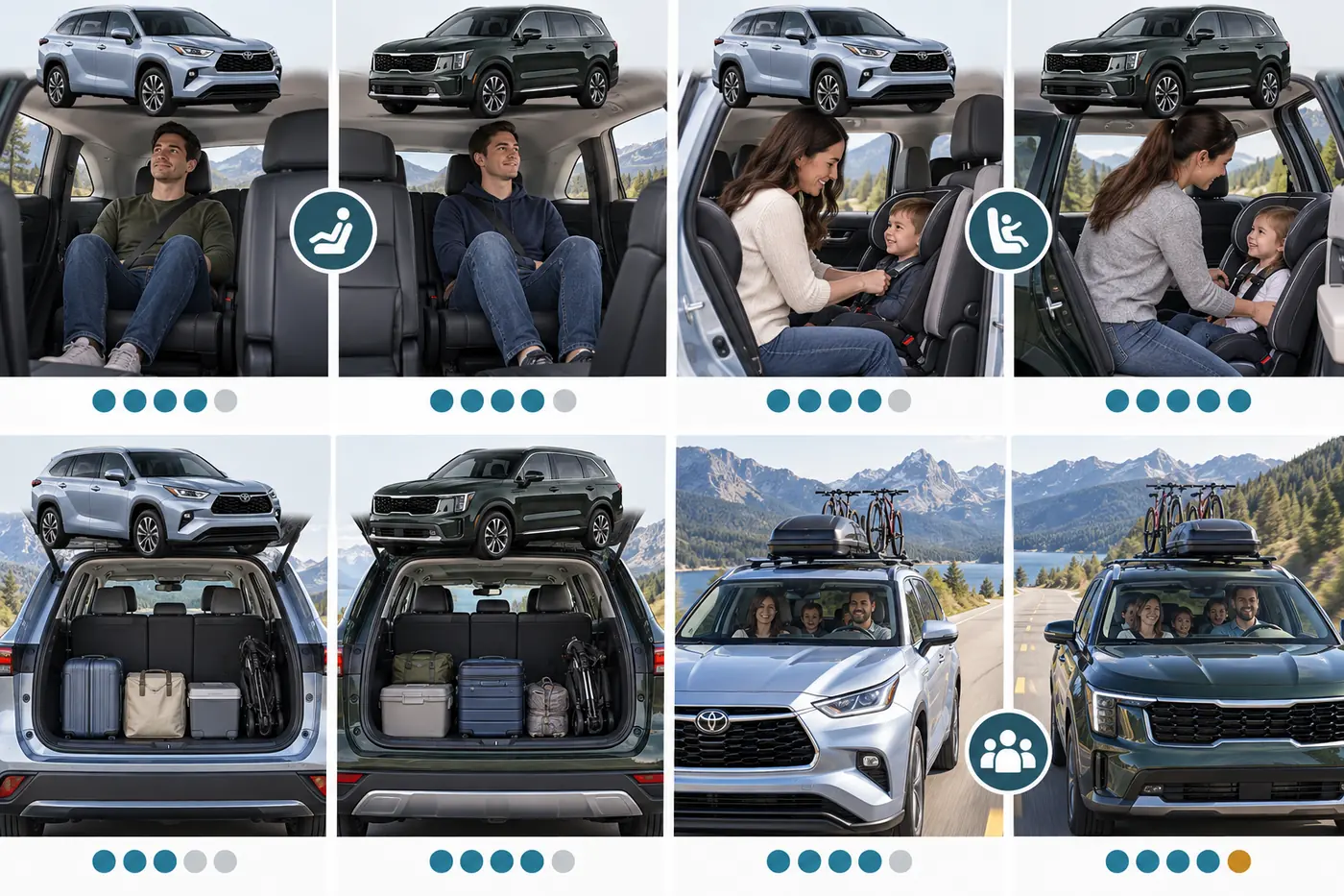 Highlander Hybrid vs Sorento Hybrid third-row child-seat cargo and trip comparison
