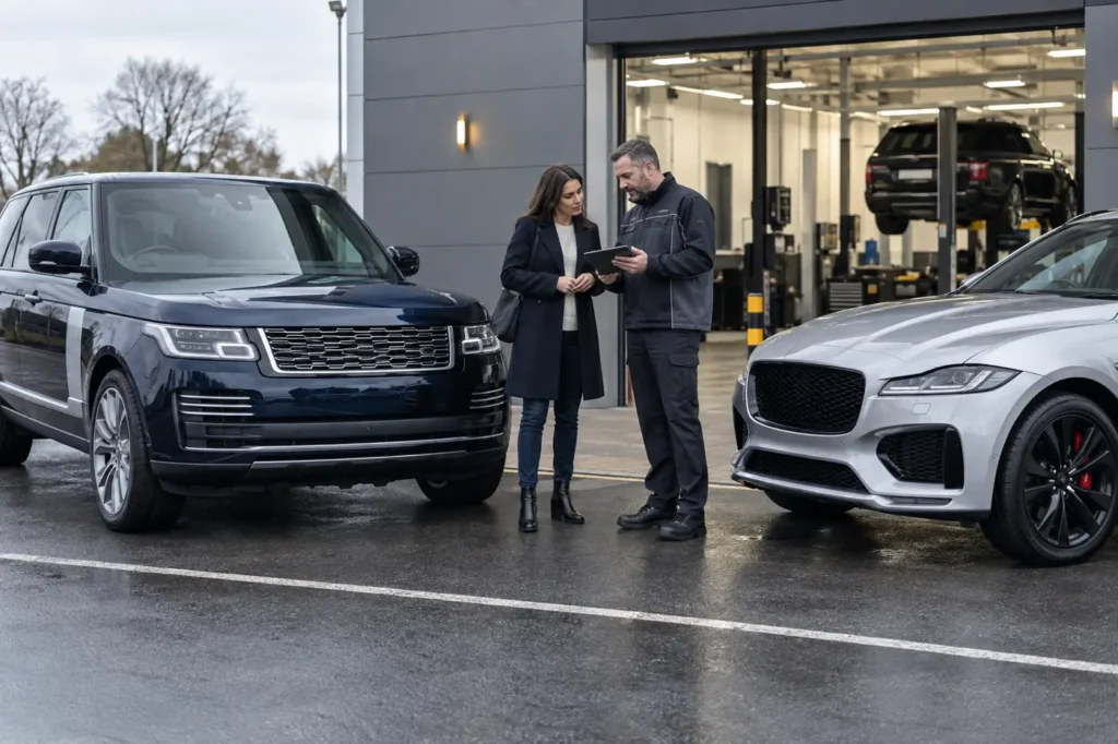 Land Rover recall owner reviewing DC-DC converter campaign at dealer