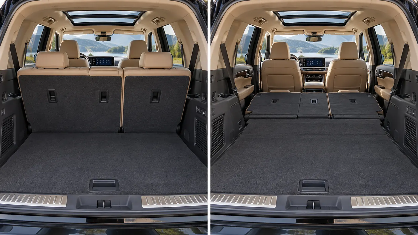 Illustration of a luxury SUV interior showing folding rear seats and cargo space