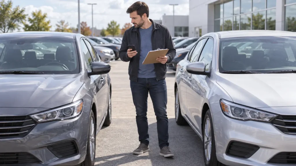 Buyer comparing used cars to estimate rebuilt title car value