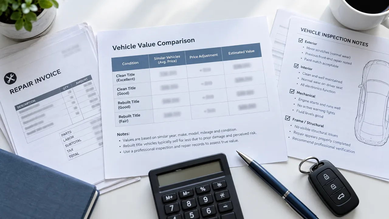 Worksheet and repair evidence used to assess rebuilt title car value