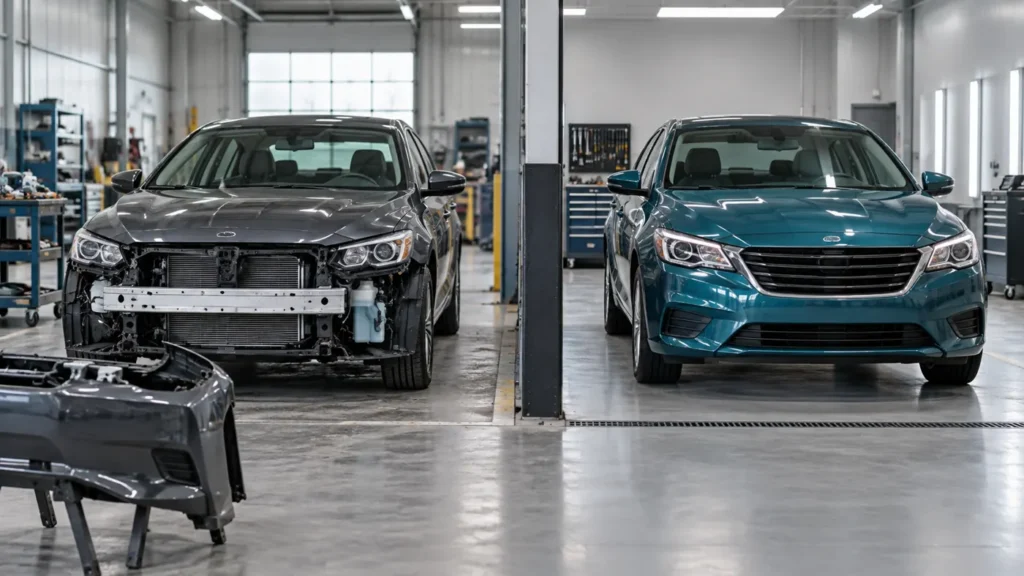 Two used cars in inspection bays illustrating salvage title vs rebuilt title status