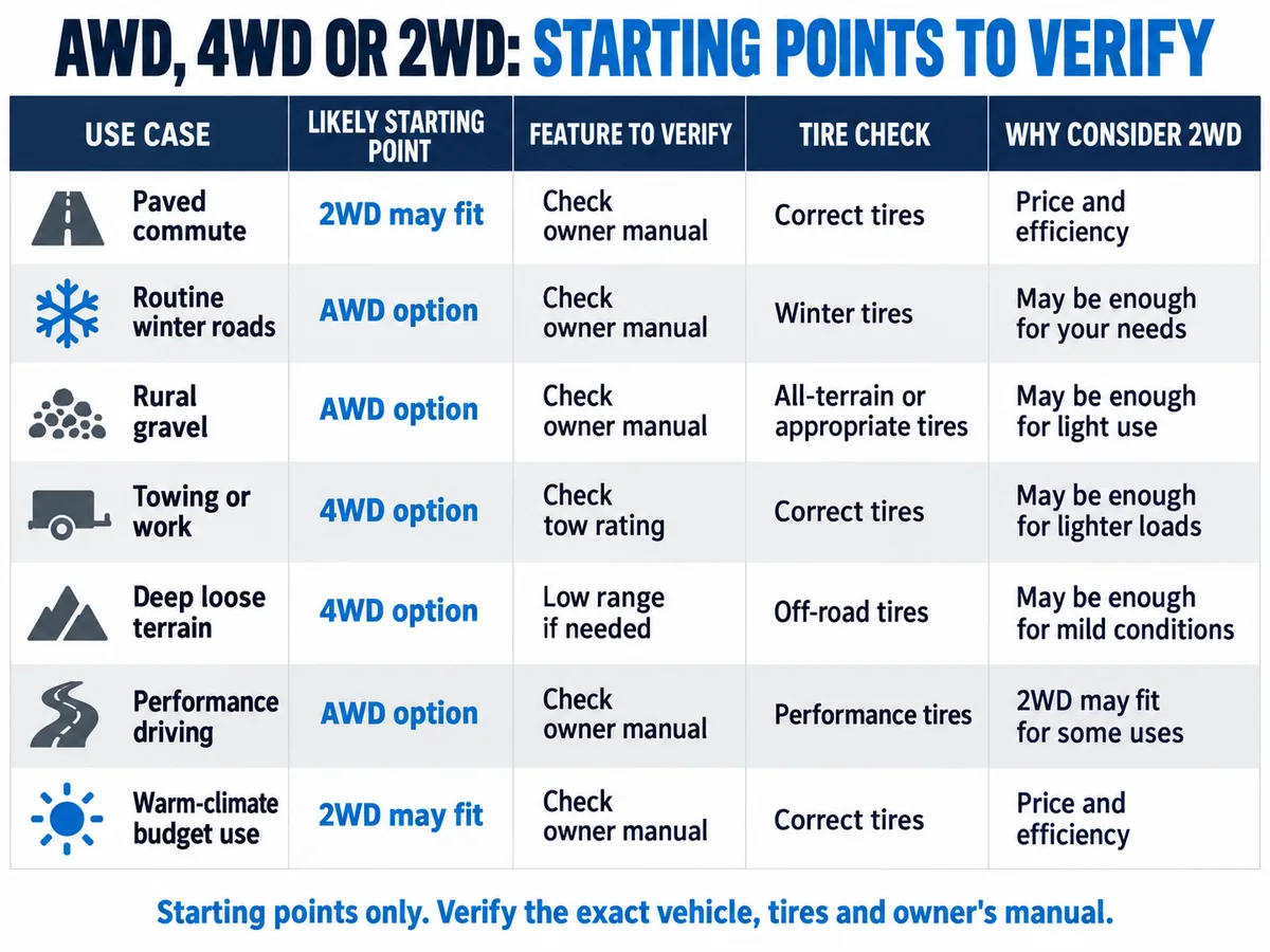 AWD 4WD and 2WD buyer-use comparison matrix