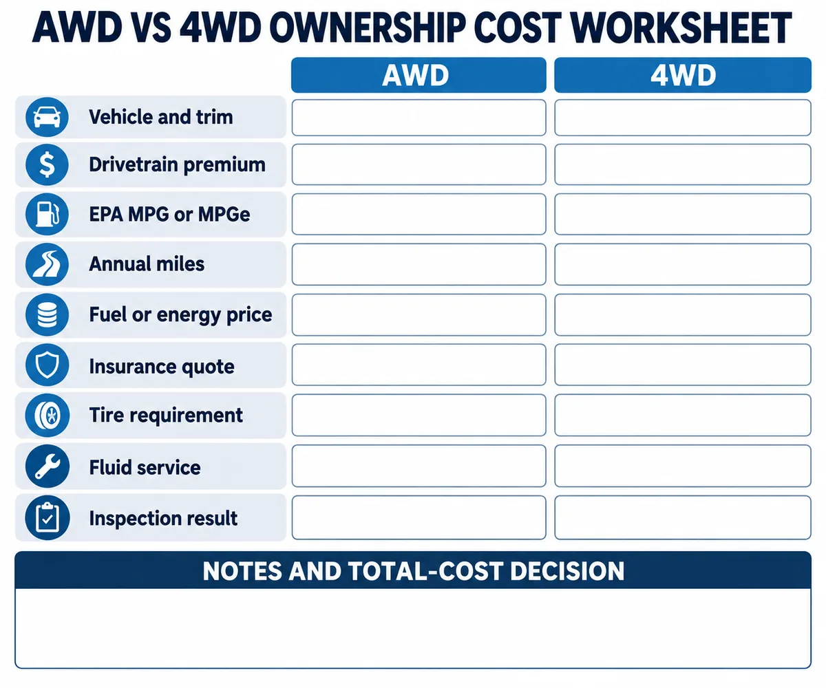 Worksheet for comparing AWD and 4WD ownership costs