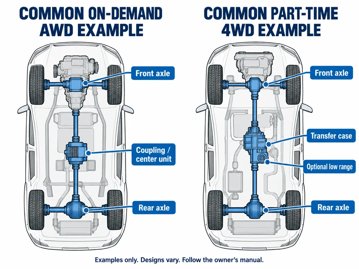 Simplified comparison of common AWD and part-time 4WD layouts