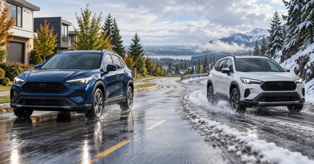 AWD and FWD crossovers on changing paved-road conditions