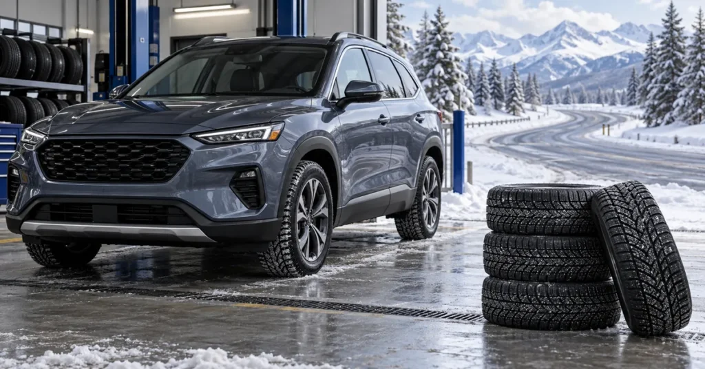 AWD crossover with four winter tires at a tire service bay