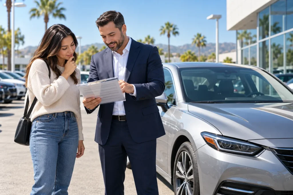 California CARS Act used car buyer reviewing total price at a dealership