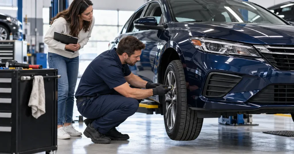 Technician completing a certified pre-owned vehicle inspection