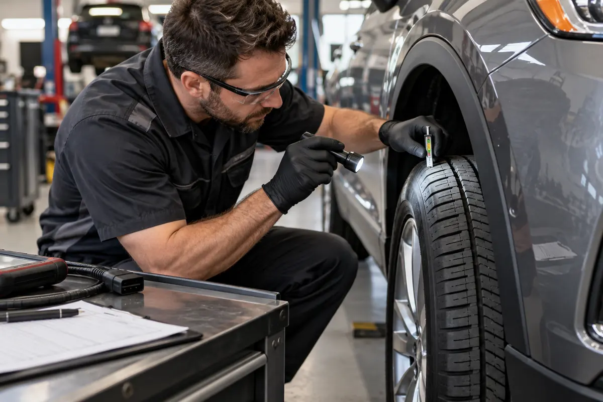 Technician checking tire tread during a certified pre-owned inspection