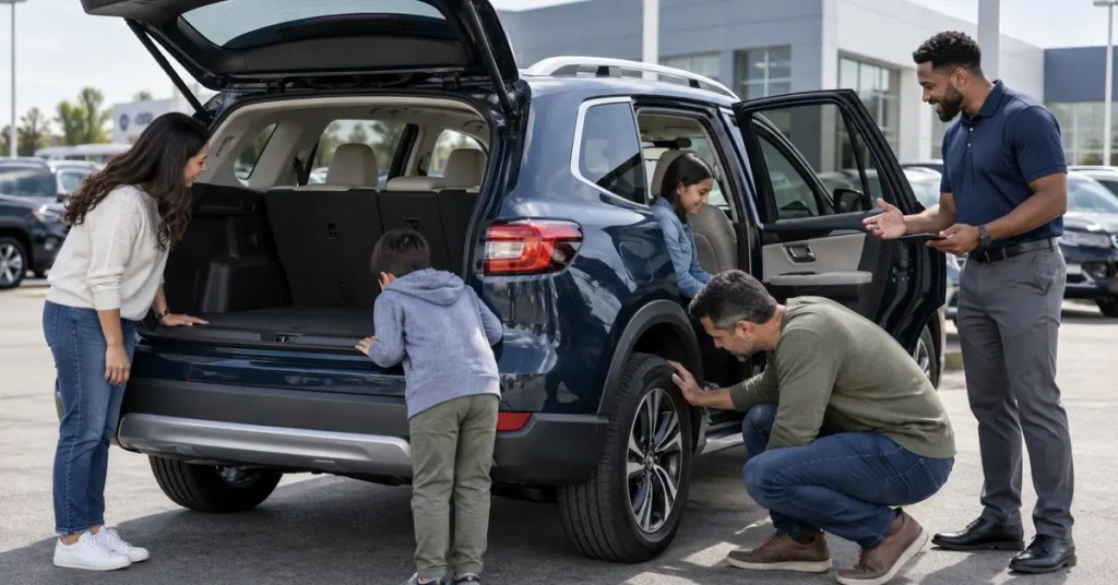 Family inspecting a certified pre-owned SUV before buying