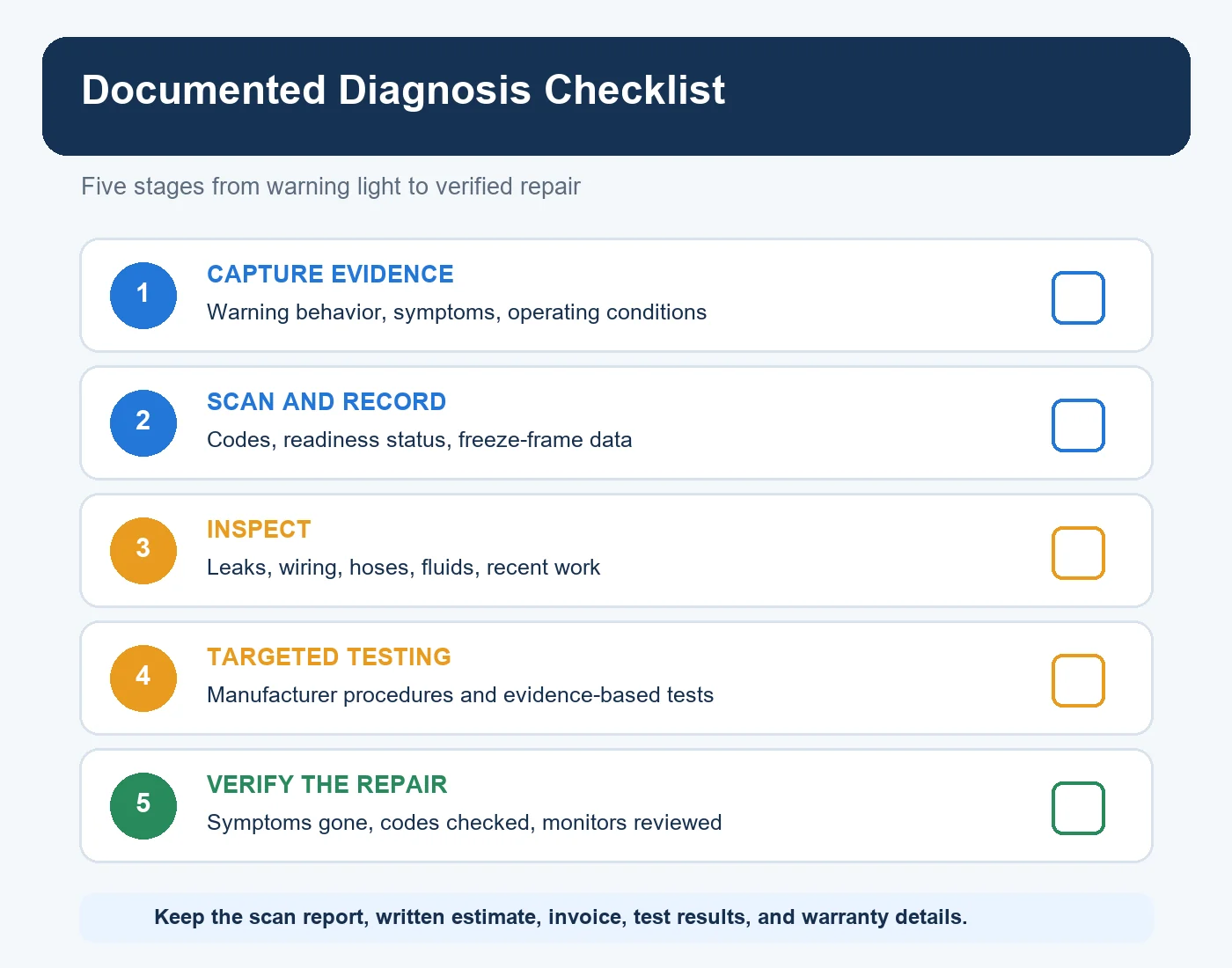 Checklist for a documented check engine light diagnosis and repair