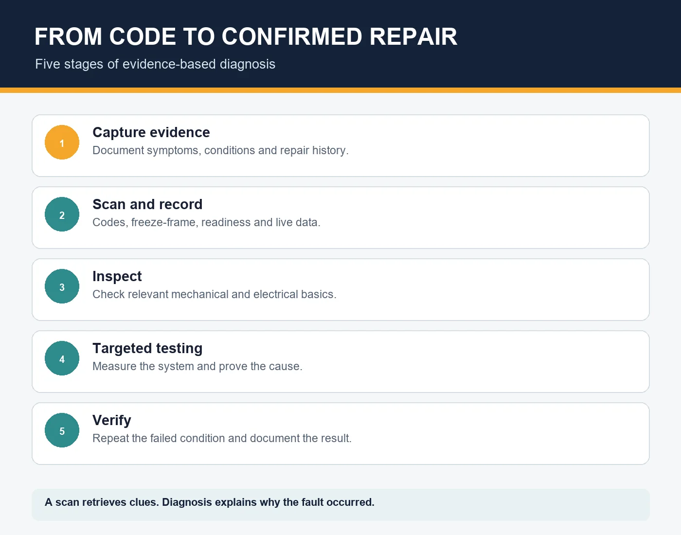 Check engine light diagnostic process in five stages