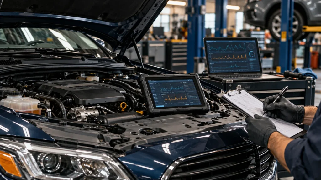 Technician reviewing possible check engine light causes