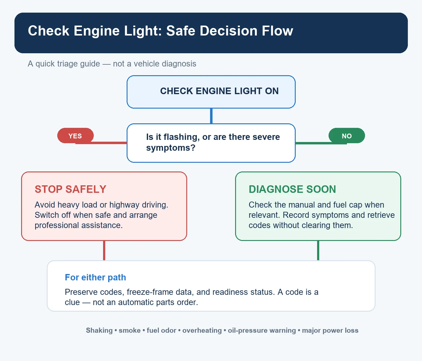 Decision flow for responding safely to a check engine light