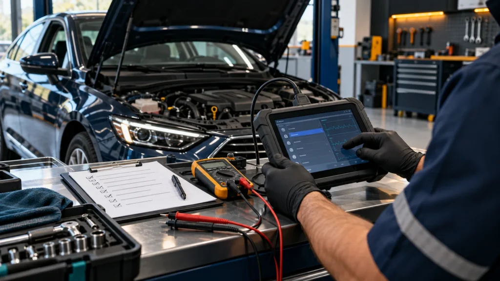 Professional check engine light diagnostic process in a workshop