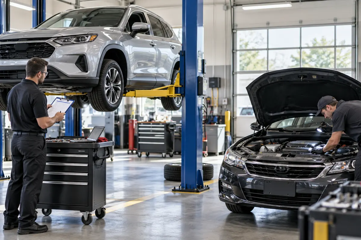 Certified pre-owned and regular used cars undergoing inspection