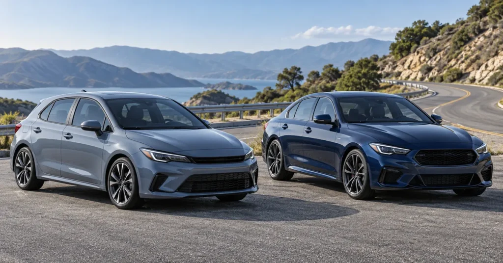 FWD hatchback and RWD sedan in a paved-road comparison