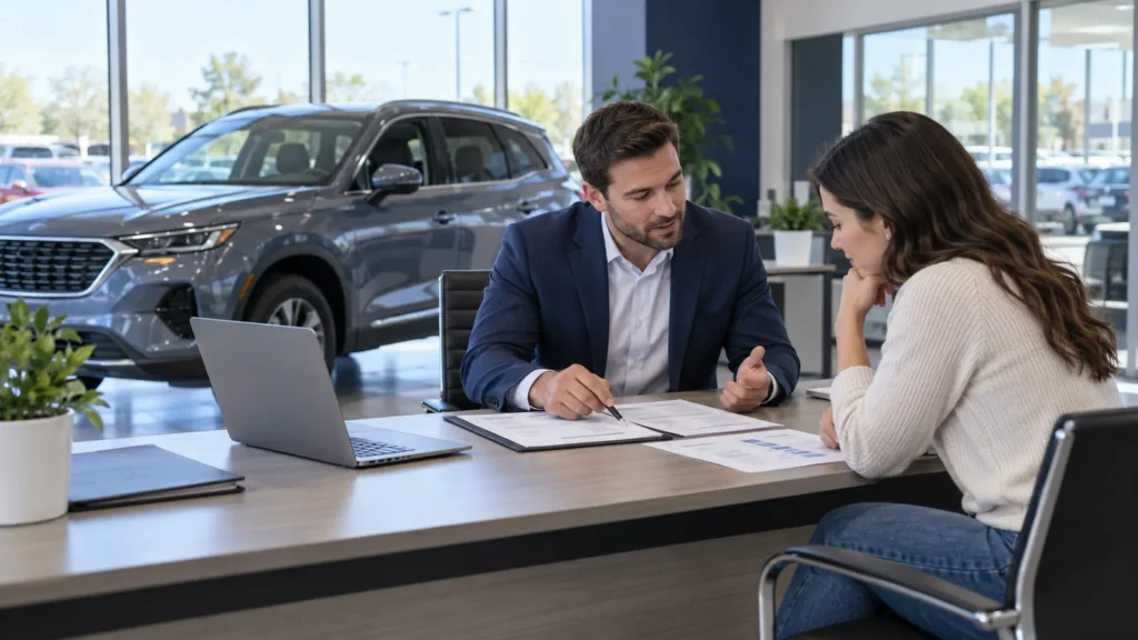 Buyer reviewing a written used-car price offer at a U.S. dealership