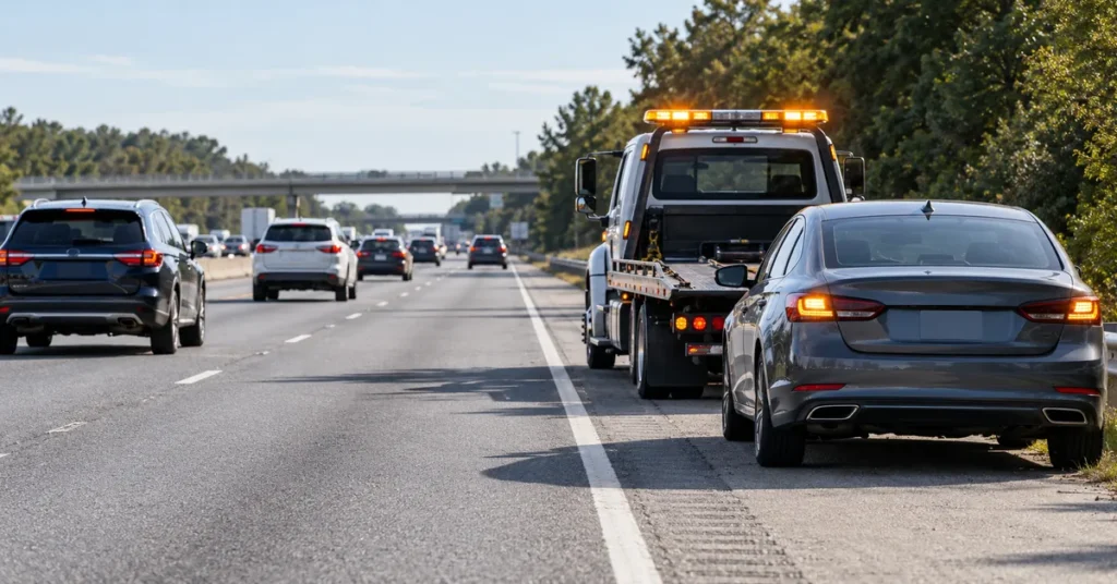 Move over laws roadside safety scene with traffic changing lanes around a disabled vehicle
