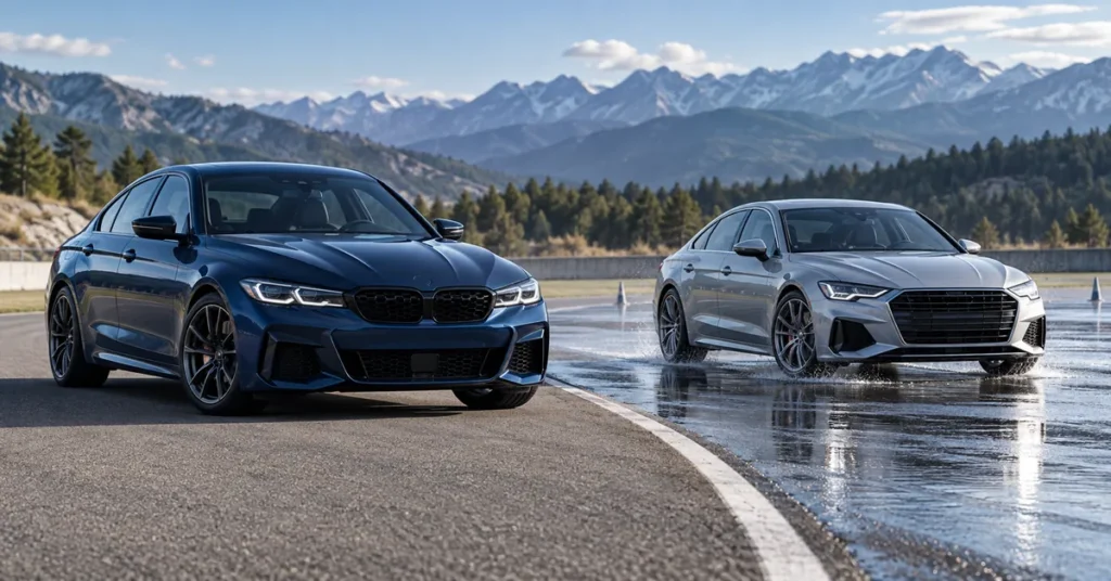 RWD and AWD sport sedans in dry and wet test conditions