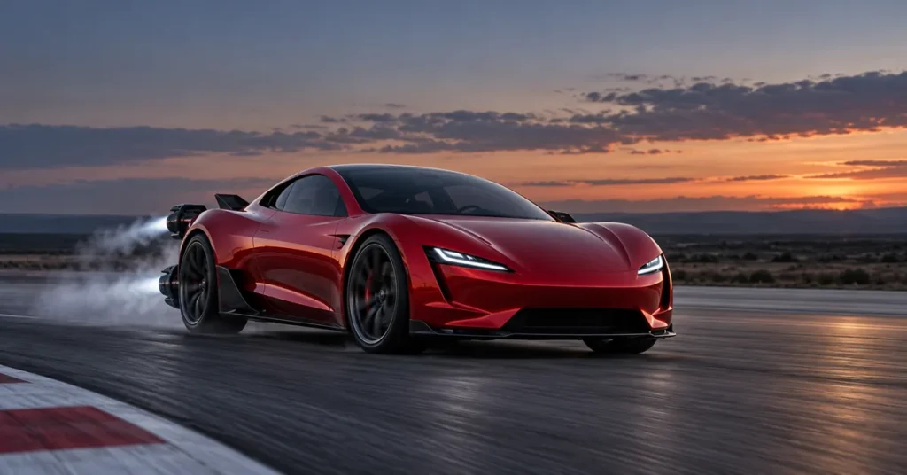 Tesla Roadster concept with SpaceX-inspired thrusters on a closed test track